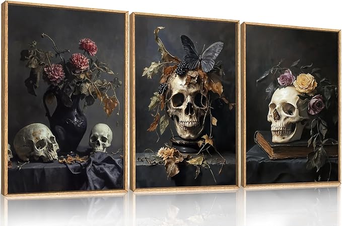 Large Vintage Skull Halloween Floral Framed Canvas Wall Art Set, Abstract Skeleton Butterfly Wall Decor,Moody Dark Rose Artwork for Living Room,Bedroom,Dining Room,Office -16"x24"x3