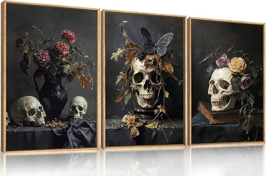 Large Vintage Skull Halloween Floral Framed Canvas Wall Art Set, Abstract Skeleton Butterfly Wall Decor,Moody Dark Rose Artwork for Living Room,Bedroom,Dining Room,Office -24"x36"x3