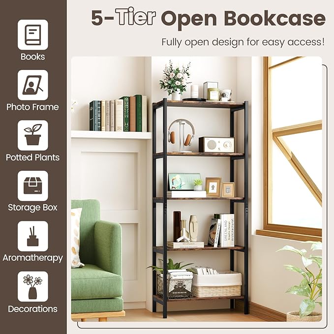 Giantex 5-Tier Industrial Bookshelf, 63.5" Tall Open Storage Organizer Shelves with Anti-Tipping Device and Foot Pads, Steel Frame Bookcase Display Rack for Living Room, Bedroom, Office, Brown