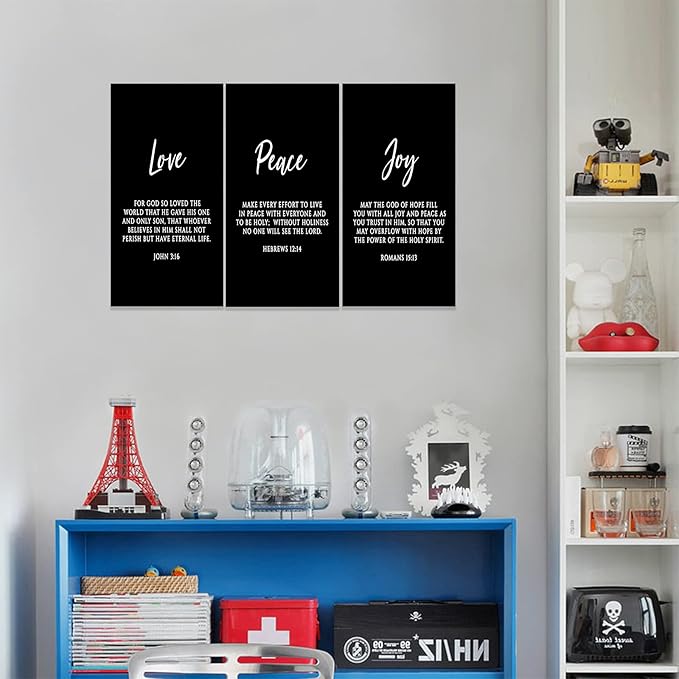 3 Piece Inspirational Wall Art, Black Sayings Prints Picture, Quotes "Love Peace Joy" Motivational Canvas Art for Religious Decor Gifts, Stretched And Framed Artwork for Home Wall Decor (36"Wx18" H)