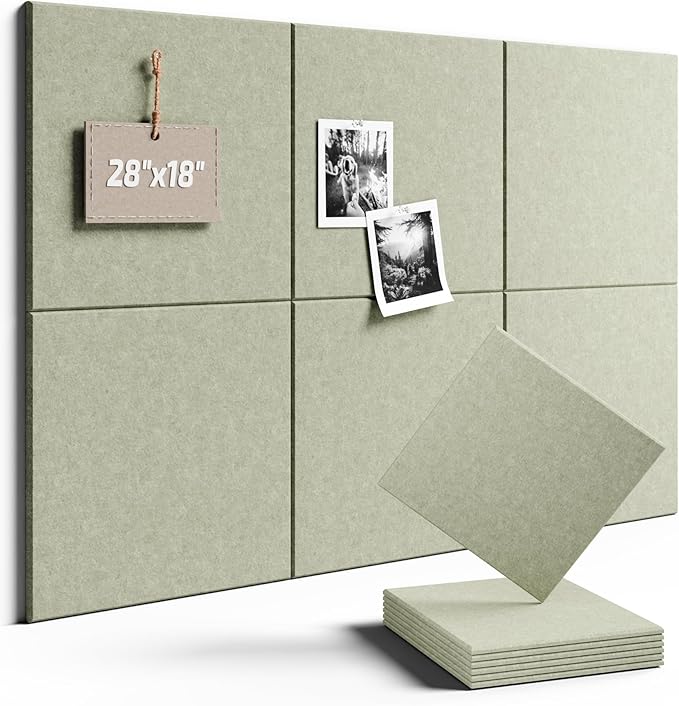 Fluxynara Felt Bulletin Board Tiles -28"x18" Cork Board Alternative for Office Decor, Push Pin Board Wall Organizer 6-Pack - Sage