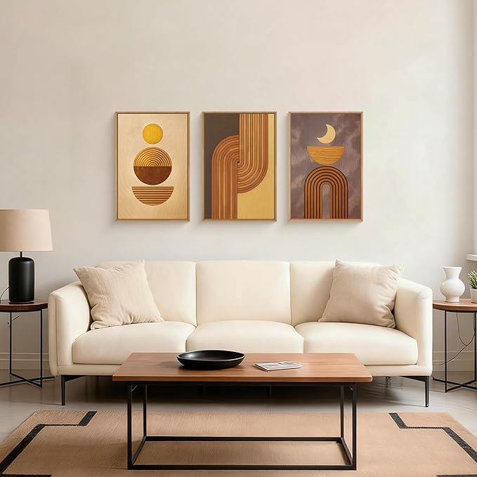 BICERE Large Boho Woodcut Framed Canvas Wall Art,Mid Century Modern Wall Decor,Abstract Geometric Brown Art Prints,Bohemian Sun and Moon Artwork for Living Room,Bedroom,Office -16"x24"x3
