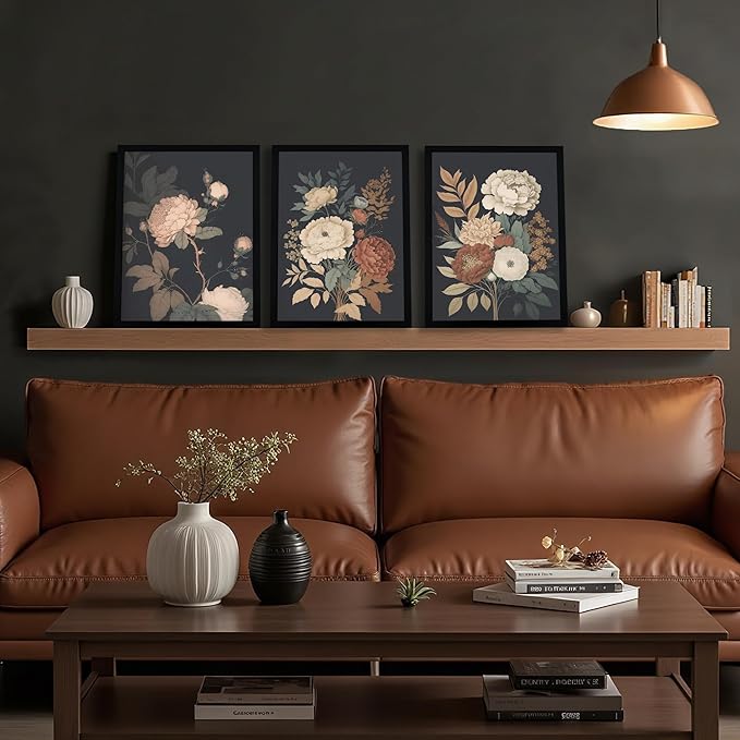 Krtoni 3PCS Framed Vintage Flower Wall Art, Rustic Farmhouse Dark Peony Floral Wall Decor, Retro Plants Aesthetic Painting Prints, Flower Botanical Artwork for Living Room Bedroom Bathroom 12W x 16H