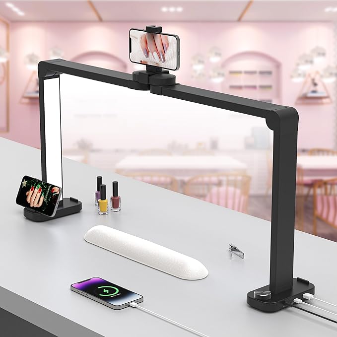 Nail Desk Lamp for Nail Tech, Foldable 34in 48W Half Moon Light with Phone Holder and USB Charging Port, 3 Color Temperature Dimmable LED Desk Light (Black)