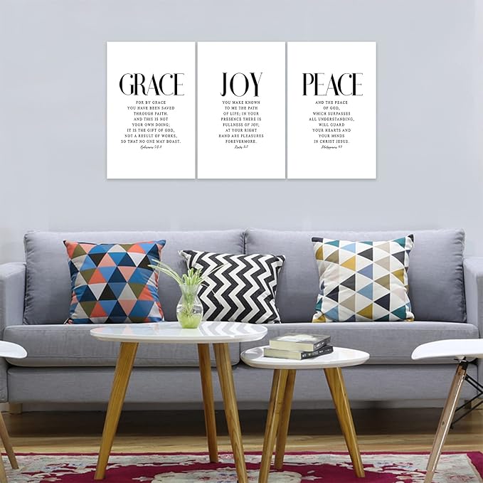3 Piece Inspirational Wall Art White Motivational Mindset Picture, Quote "Grace Joy Peace" Canvas Print for Christian Gifts, Triptych Entrepreneur Poster Framed Artwork for Home Wall Decor(48"Wx24" H)