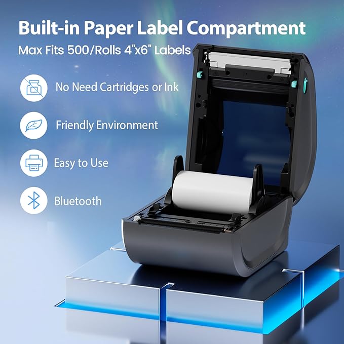 Bluetooth Shipping Label Printer 4x6 - D520BT Thermal Label Printer for Small Business, Thermal Printers with Built-in Label Holder, Compatible with USPS, Tiktok, Amazon