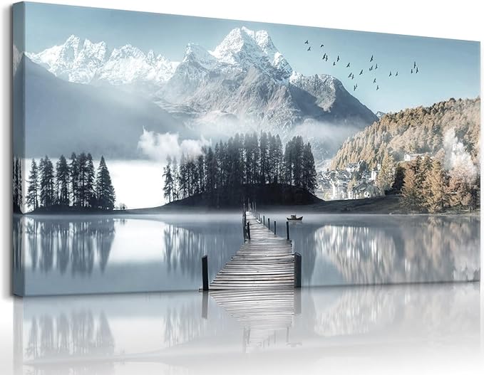 Bamdeya Large Canvas Wall Art Lake Pictures Mountain Wall Decor Nature Landscape Print Scenery Painting Tree Poster Office Artwork for Bedroom Wall Decor Living Room Home Decoration