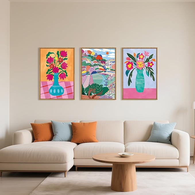 HOURIA Spring Colorful Flower Field Landscape Framed Canvas Wall Art Set,Abstract Pink Floral Vase Wall Decor,Natural Botanical Tree Artwork,Modern Sunrise Art Prints for Living Room,Farmhouse-16"x24"x3