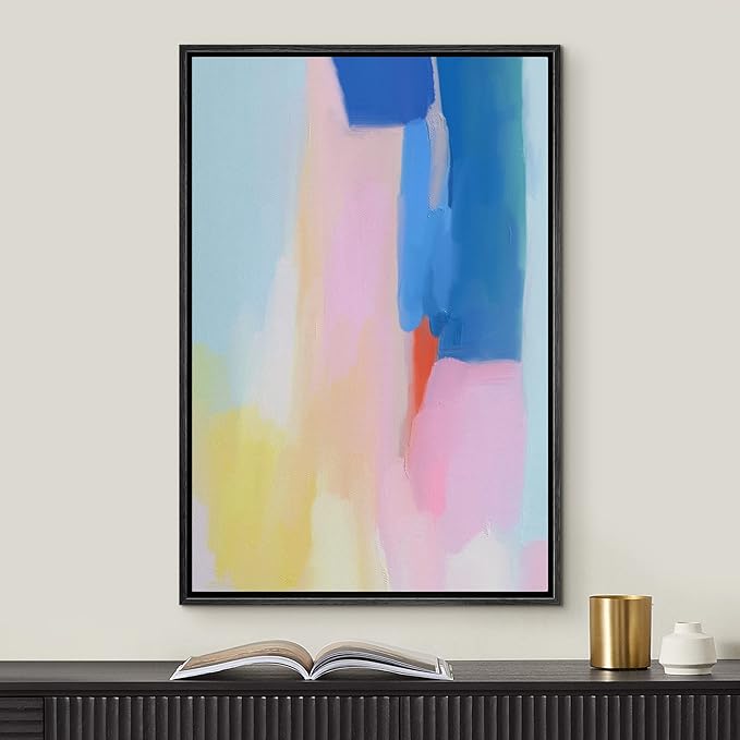 MUDECOR Framed Canvas Print Wall Art Vibrant Blue Pink Yellow Color Field Abstract Shape Illustrations Modern Art Decorative Bohemian Colorful Chic for Living Room, Bedroom, Office - 24"x36" Black