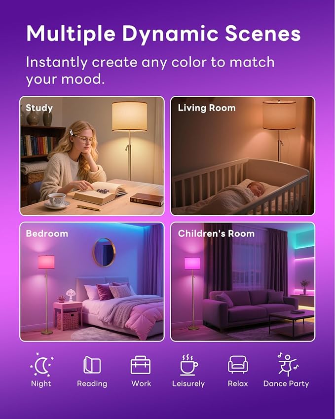 Floor Lamp for Living Room with RGBCW Color Changing Bulbs Dimmable, Adjustable Height Standing Lamp with Remote Control, 10W 1200 Lumen, Tall Lamp for Living Room, Bedroom, Office, Gold