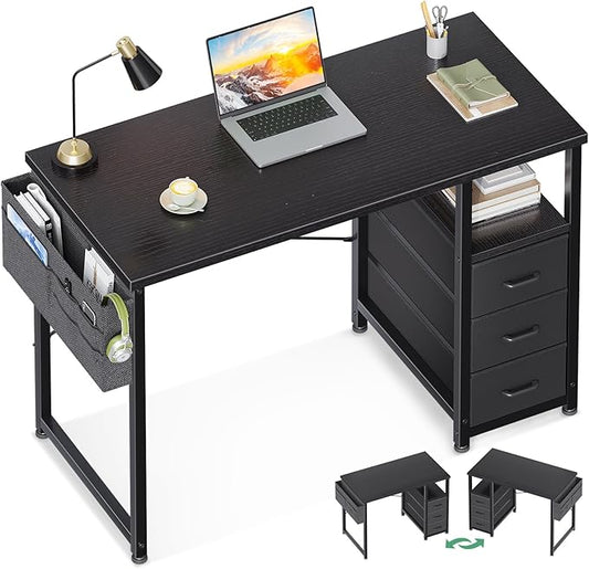 AODK 40-Inch Small Computer Desk with Fabric Drawers, Kids Girls Teen Study Writing Desk for Bedroom, Home Office Desk with Storage Shelf & Bag for Small Space, Black
