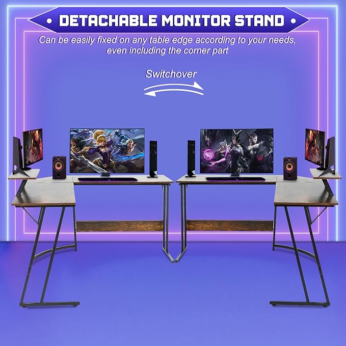 NChanmar L Shaped Gaming Desk with Monitor Riser Stand, Home Office Corner Desk for Studying, Working and Gaming, Large Desktop, Brown