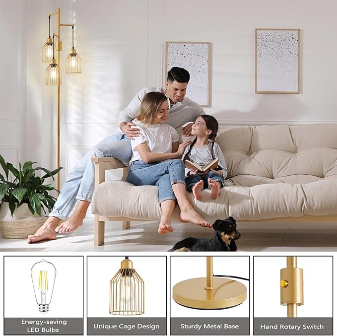Dimmable Floor Lamp for Living Room, Farmhouse Floor Lamps with Elegant Hanging Cage, 3 x LED Edison Bulbs Included, 68.5" Industrial Standing Light for Bedroom Office Home Decor (Gold)