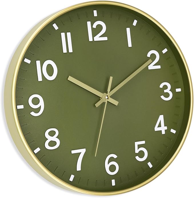 Foxtop Modern Wall Clock Silent Non-Ticking Battery Operated Round Quartz 12 Inch Wall Clock for Bedroom Living Room Kitchen Home School Office Decor (Olive Green and Gold)