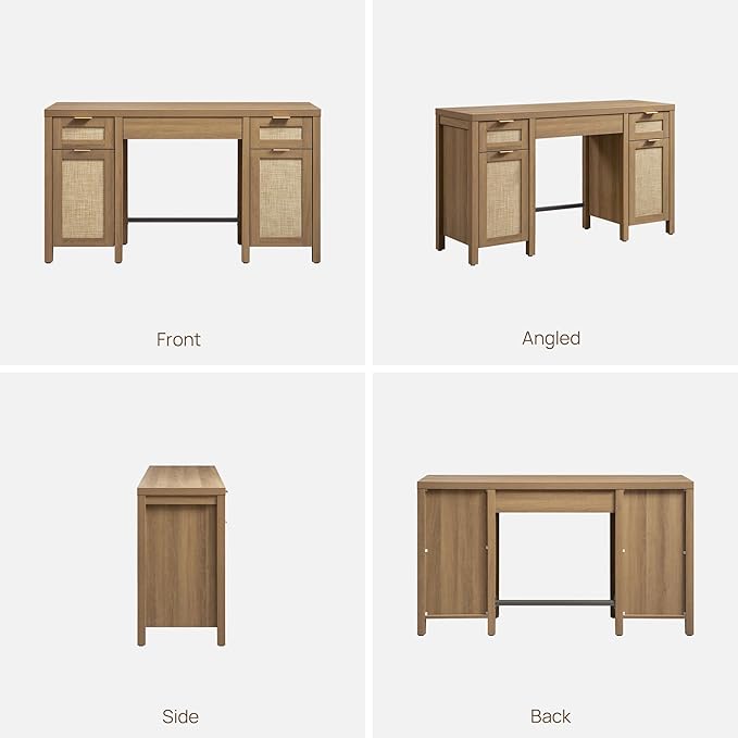 SICOTAS Home Office Desk with Storage - Rattan Executive Desk with Drawers and Cabinets, Farmhouse Boho Larger Computer Writing Table for Study, Office, Living Room, Oak (2 Pieces)