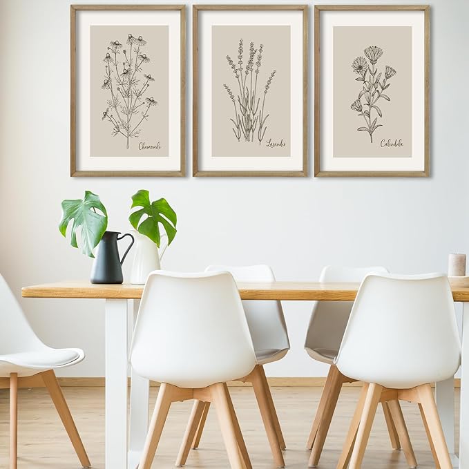 TQianJiang Vintage Botanical Wall Art 24"x16" Set Of 3 Wood Framed Wildflower Pictures Wall Decor for Bedroom Minimalist Wall Hanging (Wood)