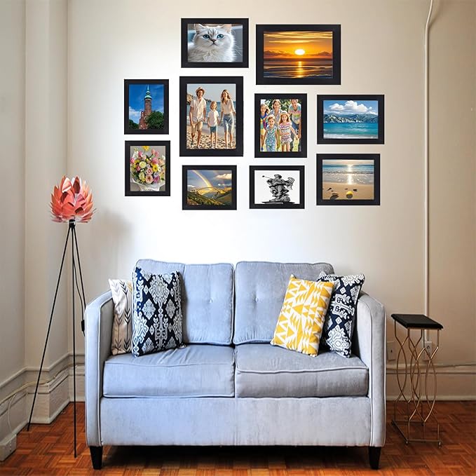 Pacome Picture Frames set with Two 11x14, Four 8x10, Four 5x7 Gallery Wall Frame Set, Collage Picture Frame,10Pack Farmhouse wood Photo Frames for living room Wall Gallery Decor or Desk,Black