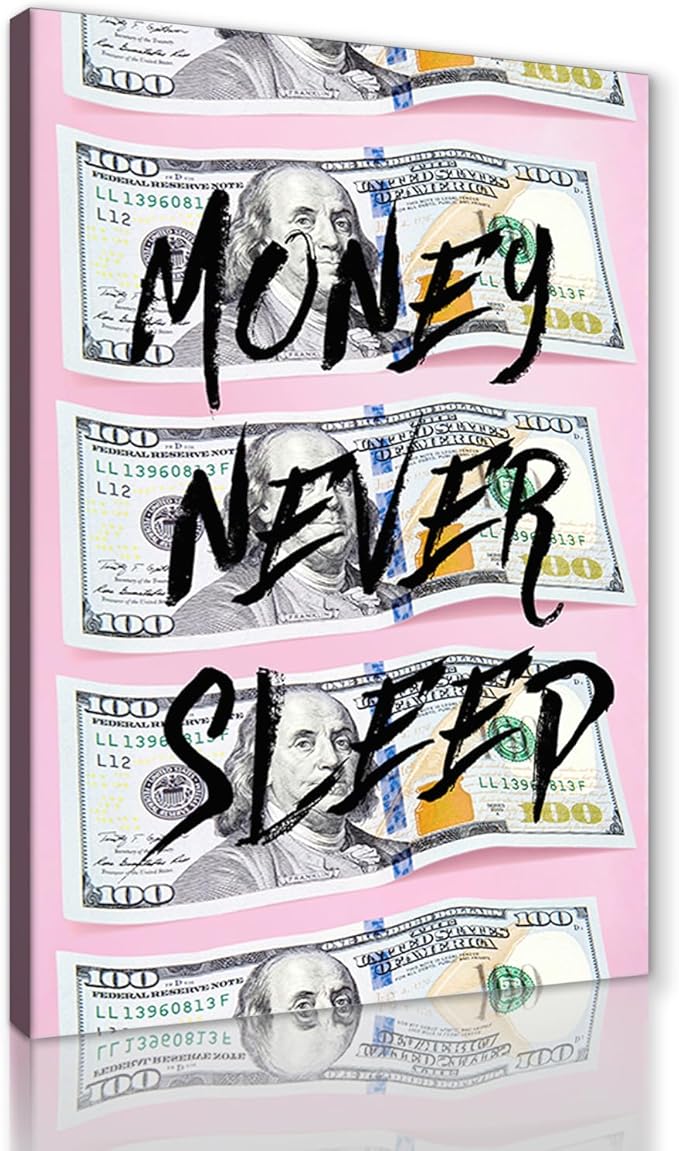 Money Wall Art - Pink 100 Dollar Bills Wall Decor Money Never Sleeps Poster Motivational Financial Quote Artwork Modern Framed Inspirational Canvas Print for Office & Home Decorations, 24"x36"