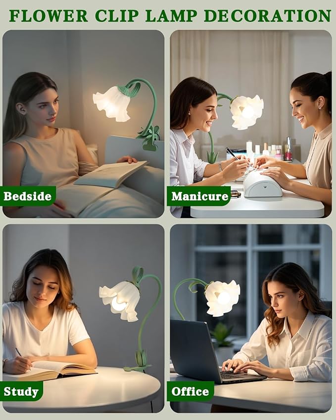 Flower Lamp Clip on Light, 3 Color Modes Eye-Caring Desk Lamp with Clamp, Dorm Room Essentials, Flexible Neck Reading Clamp Lamps for College Bedside Bookshelf Studying Room (Green)