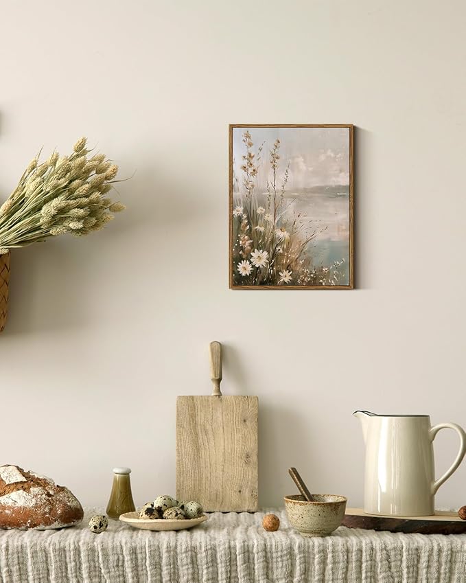 InSimSea Framed Canvas Wall Art Vintage Decor, Wildflowers Landscape Pictures Bathroom Wall Decor Aesthetic, Living Room Bedroom Flower Nature Home Decorations, 12x16inch
