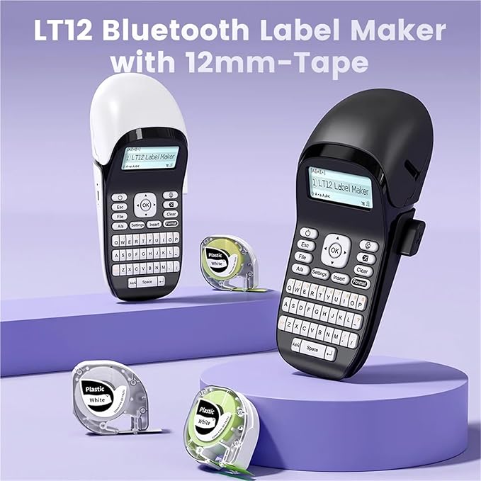Label Printer, LT12 Label Maker Portable Inkless Printer Bluetooth Handheld Sticker for Office Home QWERTY Keyboard One-Touch Key(White Printer)