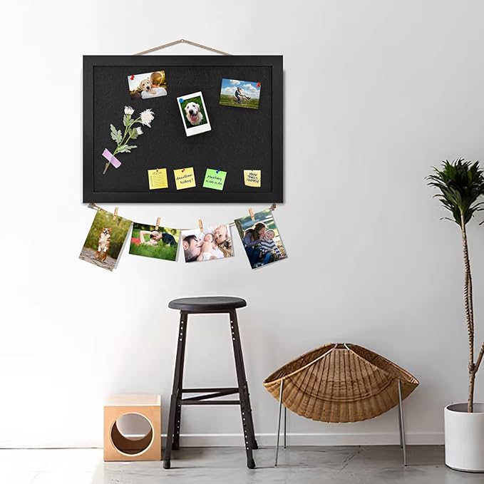 2PCS Black Bulletin Boards Cork Board with Felt, 15"x11" Small Display Pin Board Vision Board for Walls, Jewelry, Notes, Collection, Photos, Office, Wood Framed(Black) & Felt(Black), 2p