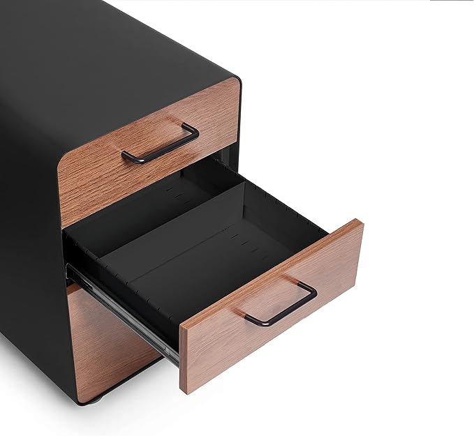 Poppin Stow 3-Drawer File Cabinet - Black + Walnut, 2 Utility Drawers and 1 Hanging File Drawer, Fully Painted Inside and Out, Powder-Coated Steel, Two Keys Included, Stationary