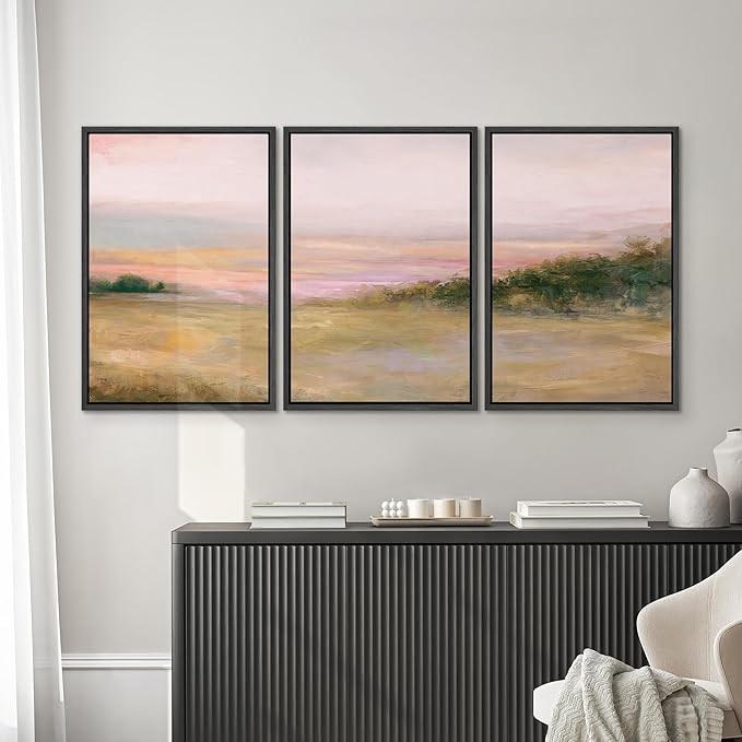 SIGNWIN Framed Canvas Print Wall Art Set Blush Sunset Over Meadow Illustrations Decorative Relax/Calm Zen for Living Room, Bedroom, Office - 24"x36"x3 BLACK