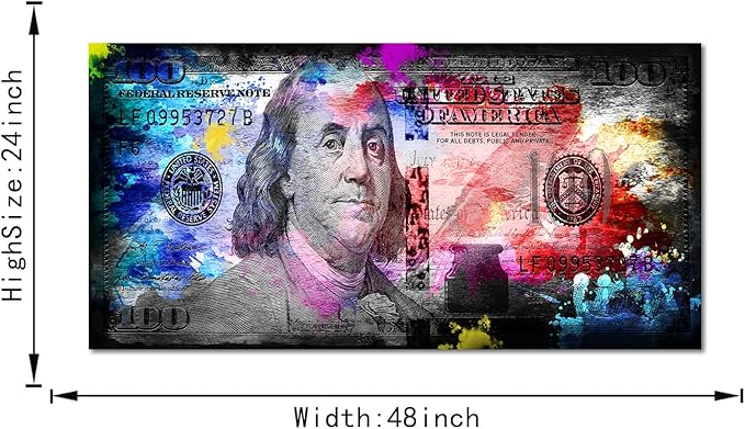 Colorful 100 Dollars Bill Wall Art Canvas Panintings Inspirational Wall Art Money Pop Art Entrepreneur Motivational 100 Bill Cash Benjamin Franklin Dollar Office Home Decor Wooden Framed-48"Wx24"H