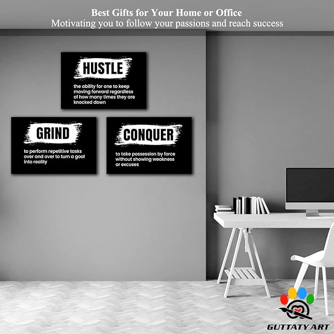 Office Wall Art - 3 Panel Motivational Wall Art, Inspirational Quotes Canvas Art for Home Office Wall Decor, Positive Quotes Wall Decor, Entrepreneur Grind Hustle Execution Poster Frame (24”x36”x3Pcs)