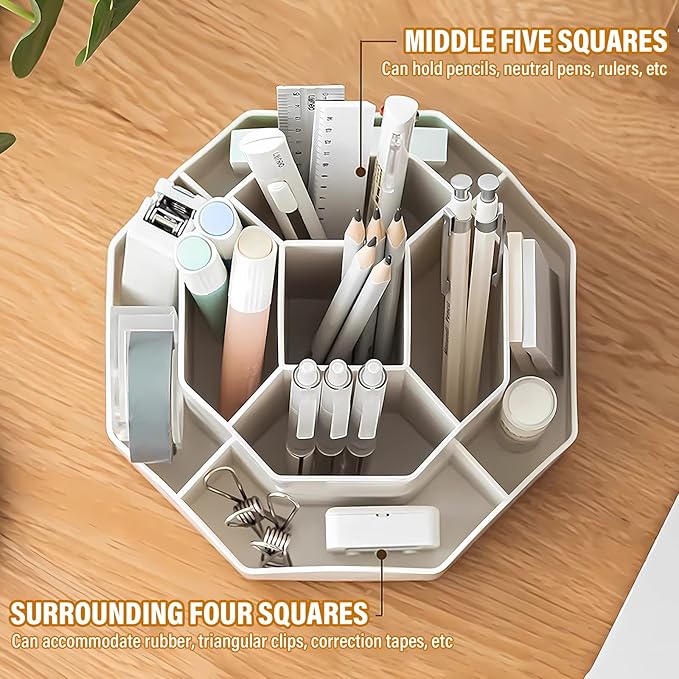 360 Degree Rotation Pen Holder,9 Slots Pencil Holder for Desk,Desk Organizer,Desk Accessories & Workspace Organizers,Apply Office, School, Home（Grey