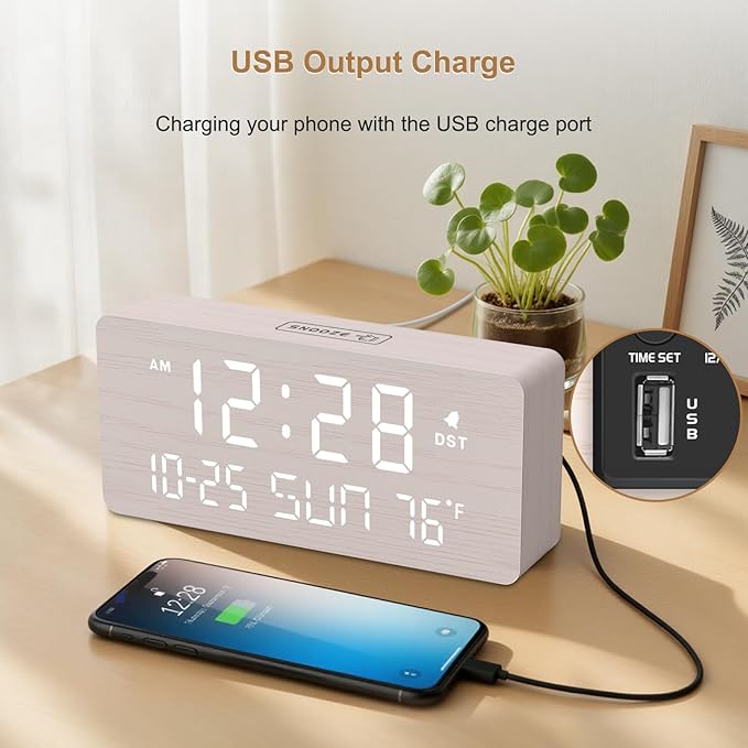 DreamSky Wooden Digital Alarm Clocks for Bedrooms - Living Room Desk Clock with Date and Day of Week, Temperature, USB Port, Dimmer Wheel, Adjustable Volume, Auto DST, Wood Decor for Office Table