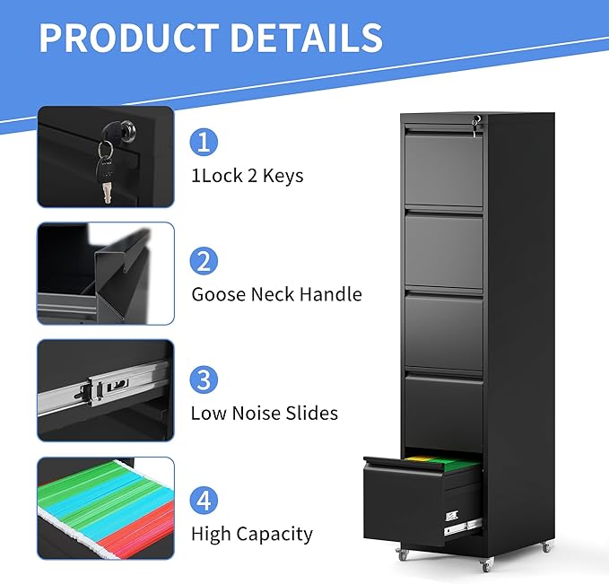 5 Drawer File Cabinet with Wheels, Metal Mobile File Cabinet with Lock, Rolling Filing Cabinet Home Office for Hanging File Folders, Letter Size, Legal Size, A4 Size, Require-Assembled, Black