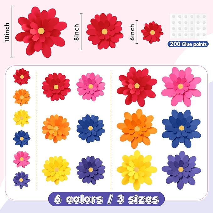 18 Pcs Paper Flowers Decorations for Wall DIY Flower Bulletin Board 3D Fiesta Paper Floral Backdrop Decoration for Photo Backdrop Classroom Back to School Party (Dark Color)