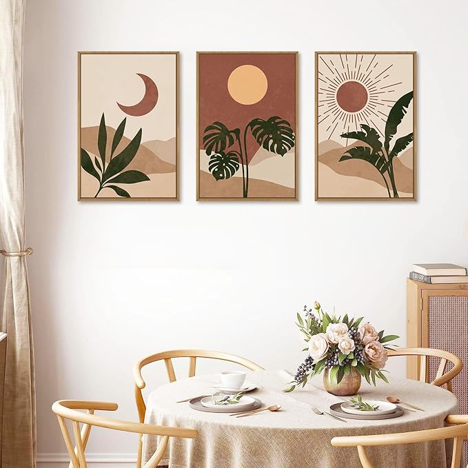 KAIRNE Mid-Century Modern Wall Art Set of 3, Boho Sun and Moon Wall Decor, Bohemian Abstract Botanical Wall Painting, Modern Nature Art Prints for Living Room, Bedroom, Office - 24"x36"