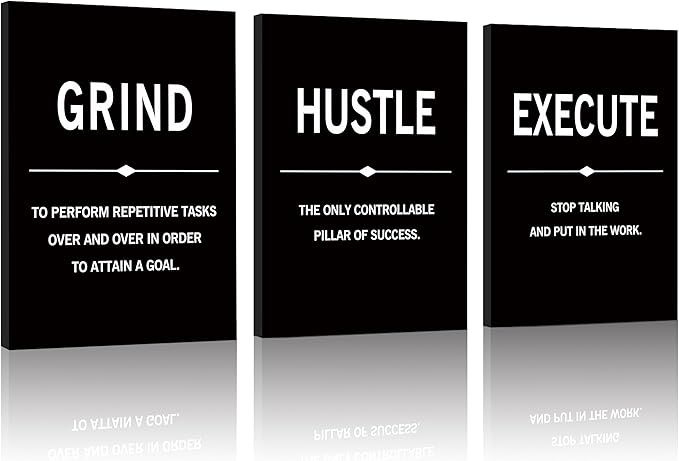 COSCTOR Set of 3 Motivational Wall Art Canvas for Office Workplace Garage Gym Living Room Bedroom Grind Hustle Execute Black and White Wall Decor Inspirational Quotes Posters for Paintings(Framed,12x16)