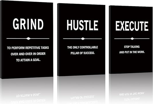 COSCTOR Set of 3 Motivational Wall Art Canvas for Office Workplace Garage Gym Living Room Bedroom Grind Hustle Execute Black and White Wall Decor Inspirational Quotes Posters for Paintings(Framed,12x16)