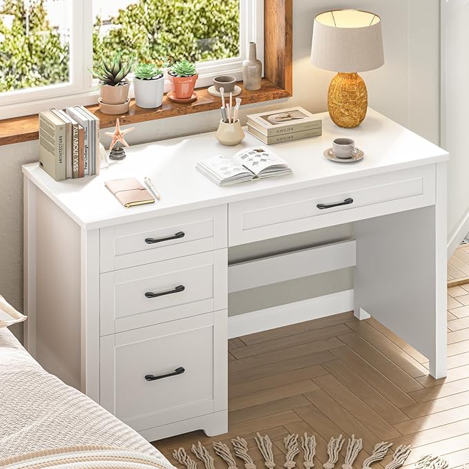 Vabches Farmhouse 47" Executive Desk with File Drawer, Workstation for Home Office, Study, Writing,Wood Computer Desk with 3 Storage Drawers,White