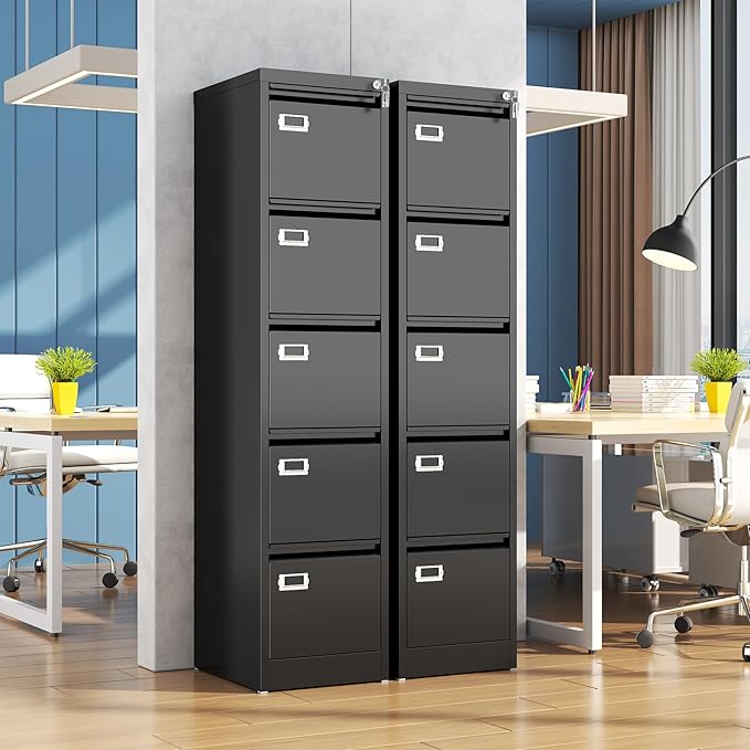 5 Drawer File Cabinet, Black Metal Filing Cabinets with Lock Name Card Holder, Metal Vertical Filing Cabinets for Home Office, Steel Storage Cabinet fits Letter/Legal/A4 Size(Assembly Required)