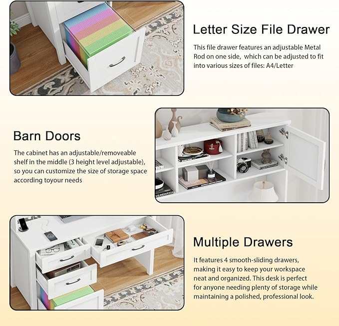 Farmhouse 67" H Executive Desk with Hutch,Office Desk with 4 Drawers and LED Light, Wood Workstation for Home Office and Study, Computer Desk with File Drawers, Charging Station.Cream White
