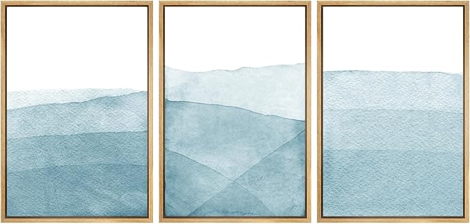 SIGNWIN 3 Piece Framed Canvas Wall Art Blue Wash Brushstroke Watercolor Nature Wilderness Illustrations Abstract Traditional Home Artwork Decoration for Living Room,Bedroom - 24"x36"x3 Natural