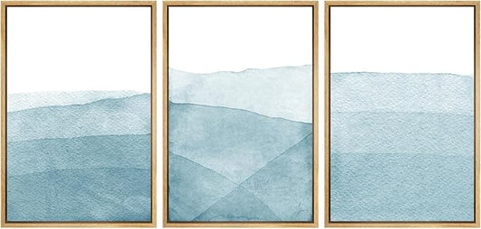 SIGNWIN 3 Piece Framed Canvas Wall Art Blue Wash Brushstroke Watercolor Nature Wilderness Illustrations Abstract Traditional Home Artwork Decoration for Living Room,Bedroom - 16"x24"x3 Natural
