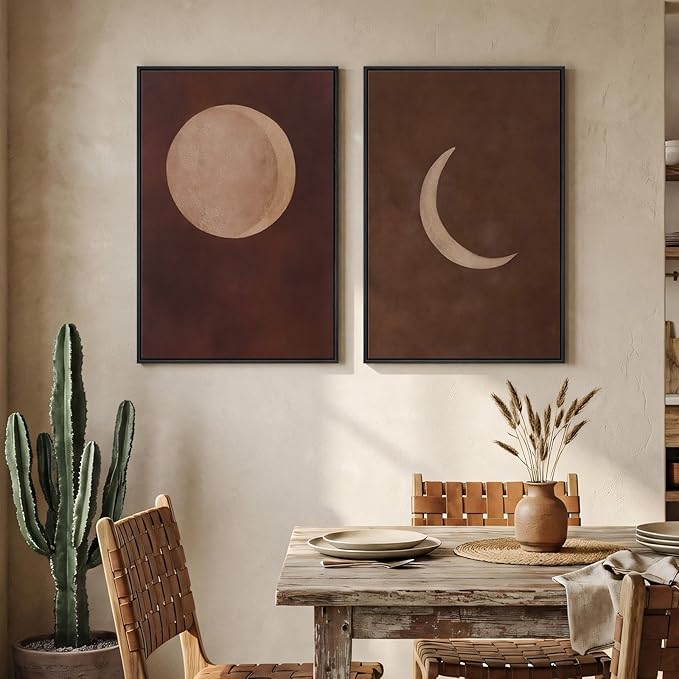 Framed Boho Moon Phase Wall Art Set of 2 for Living Room, Neutral Brown Abstract Minimalist Canvas Artwork for Walls, Bohemian Lunar Celestial Painting Print for Bedroom Hallway Wall Decor, 16x24 Inch