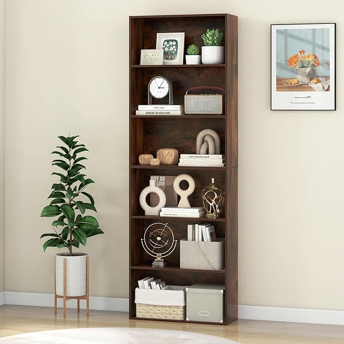Giantex 6-Tier Bookcases Set of 2, 70" Tall Wooden Bookshelf, Freestanding Storage Organizer w/Open Shelves, Anti-Tipping Kits, Modern Floor Standing Display Shelves for Living Room, Rustic Brown