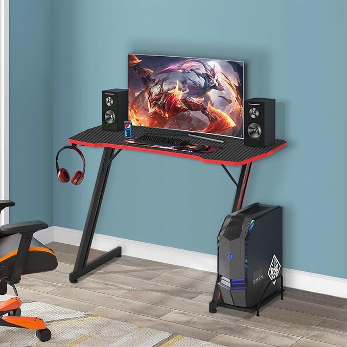 BestOffice 39" Gmaing Desk Computer Gaming Desk Z Shaped Gaming Workstation Ergonomic Gaming Table with Headphone Hook for Game Players (Red)