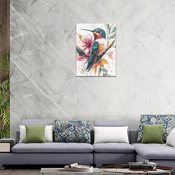 Watercolor Hummingbird Wall Art Country Flower Bird Pictures Wall Decor Colorful Canvas Painting Modern Home Artwork Decorations for Bathroom Bedroom Living Room Office Framed 12"x16"