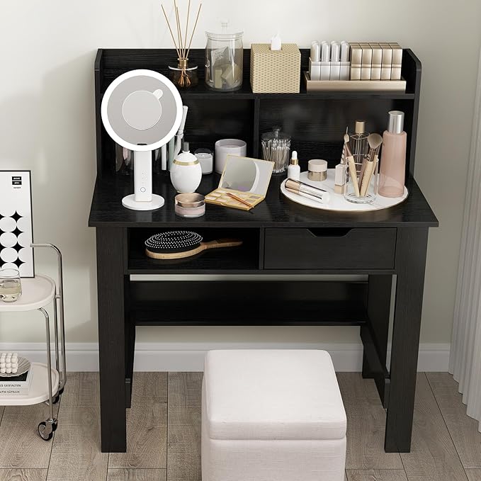 Giantex Computer Desk with Hutch, Home Office Desk with Power Outlets, USB Ports, Type-C, Storage Shelf & Drawer, Modern Laptop PC Table Computer Workstation, Study Writing Desk for Bedroom, Black