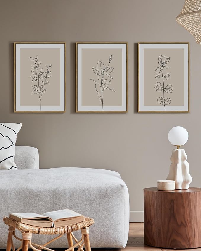Drsoum Black Line Flower Wall Art Vintage Floral Minimalist Wall Hanging Decor Bohemain Botanical Prints Artwork for Office Dining Room Hallway 11x14in Natural Framed