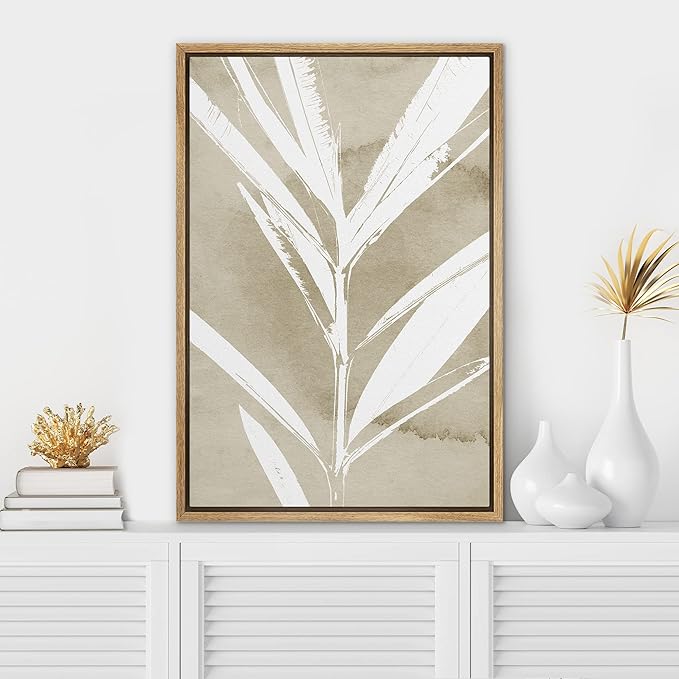 SIGNWIN Framed Canvas Print Wall Art Tropical Jungle Leaf Silhouette Nature Wilderness Digital Art Modern Art Decorative Minimal Rustic Colorful Zen for Living Room, Bedroom, Office - 16"x24" Natural