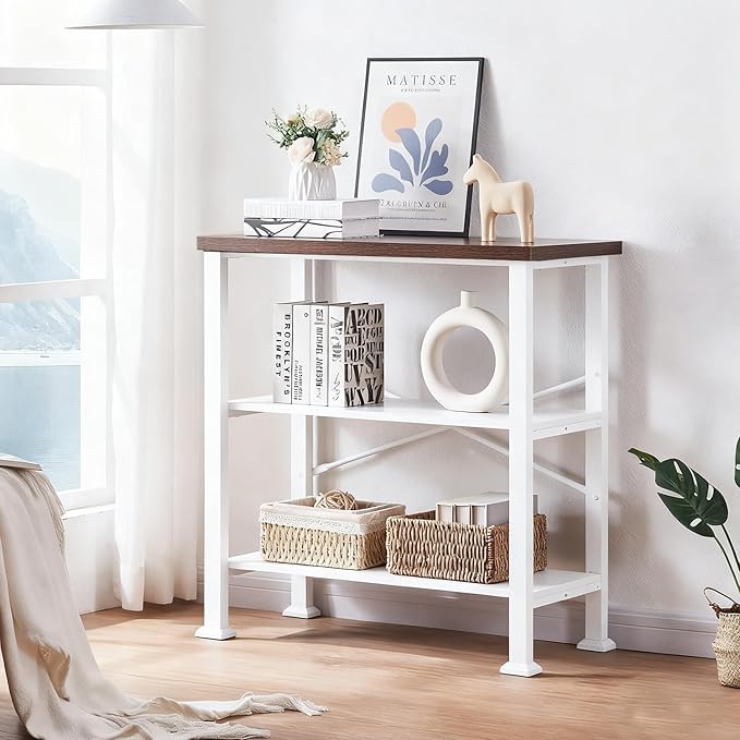 HOMBAZAAR 3 Tier Bookshelf,White Brown Industrial Book Shelf,Engineered Wood and Metal Small Bookcases,Low Shelf Bookcase for Living Room,Office,Bedroom and Kitchen